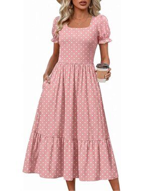 Zeagoo Women's Pink Dot Floral Flowy Casual Short Sleeve Tiered Midi Maxi Dress